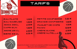 Tarifs de la buvette