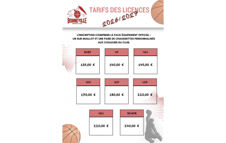 Tarifs des licences 2026/2027