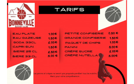 Tarifs de la buvette